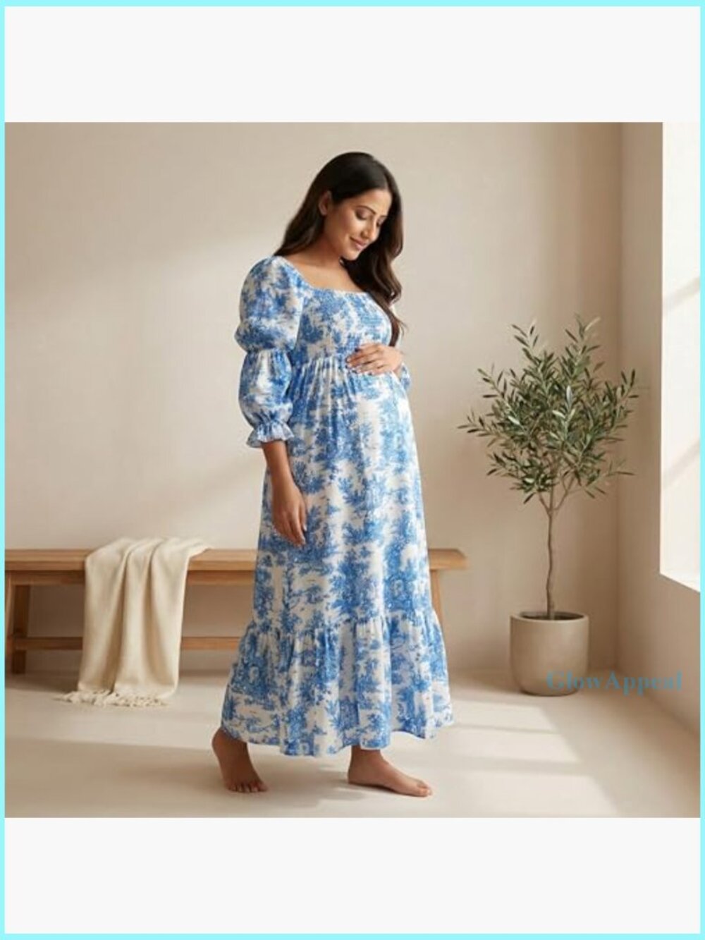 Ruffle Ruched High Waist Puff Sleeve Maternity Maxi Dress Long Sleeve - Picture 2 of 5